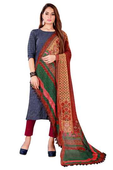 Maroon Color Kalamkari And Floral Printed Chiffon Dupatta With Tassels